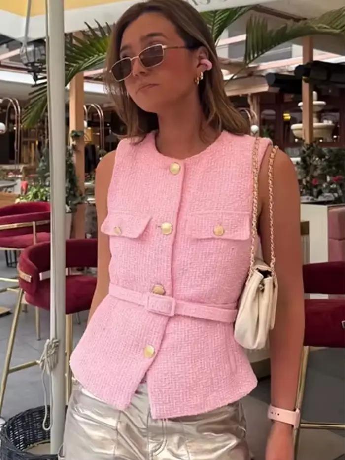 Gilet en tweed rétro élégant pour femme HH