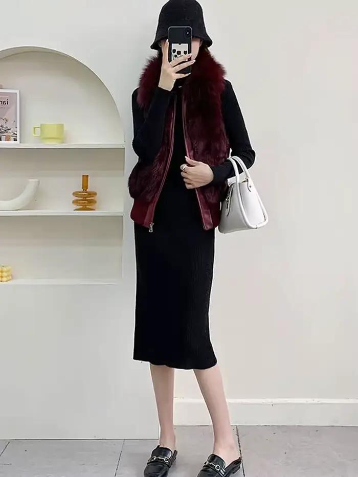 Femmes véritable réel lapin fourrure gilet manteau tricot hiver col