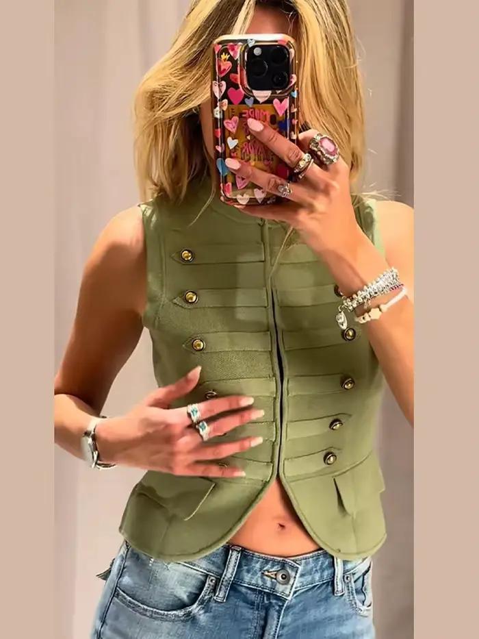 Gilet Vintage Femme Col Montant Style Militaire Sans Manches Boutonné Élégant Pour Femmes Occasions Spéciales Été 2026