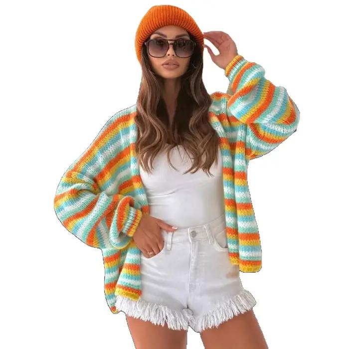 Pull rayé arc-en-ciel, haut tricoté rétro
