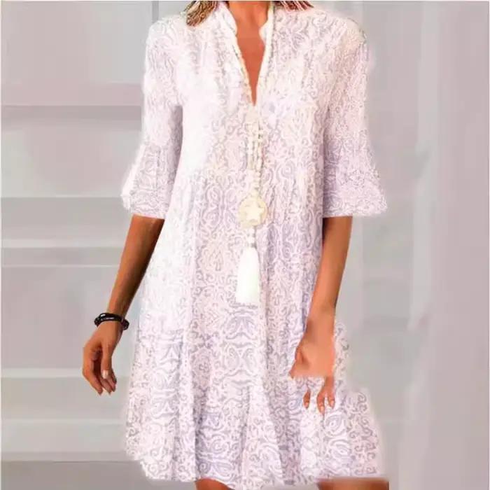 Mode Vintage imprimé femme pull robes 2025 printemps été col en V à manches courtes robe décontracté femmes lâche