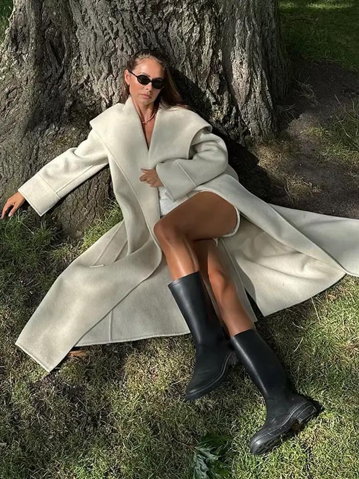 Élégant grand col Long manteau femmes rétro Chic lâche châle Tweed manteaux avec ceinture femme 2025 hiver décontracté rue vêtements d'extérieur