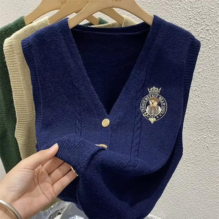 Gilet ample en polyester et coton avec ourson brodé pour femmes, col en V, coupe décontractée, automne et hiver