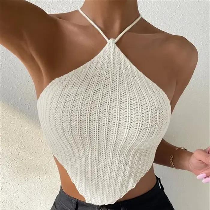 Gilet tricoté à nouer au cou design pull haut enveloppant la poitrine pour femmes occassions spéciales printemps été