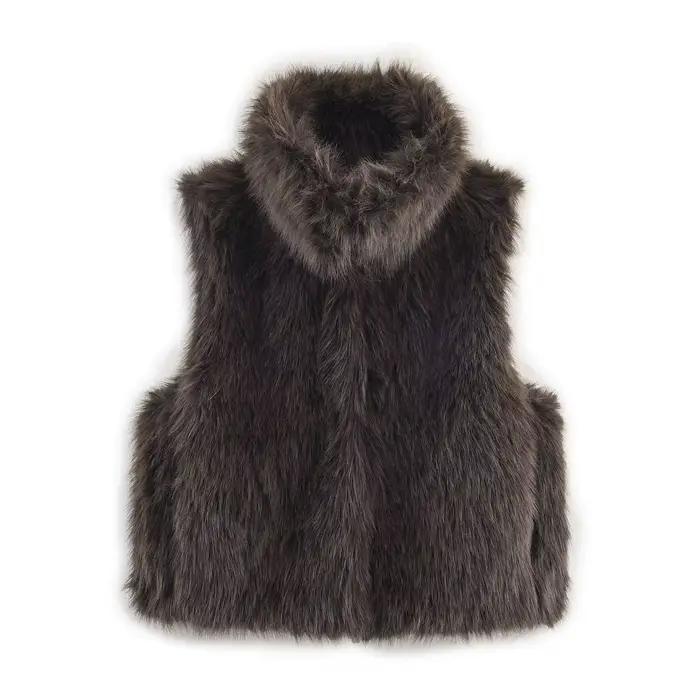 Nouveau Gilet Sans Manches en Fausse Fourrure à Col Montant pour Femme 2025 – Beige Clair