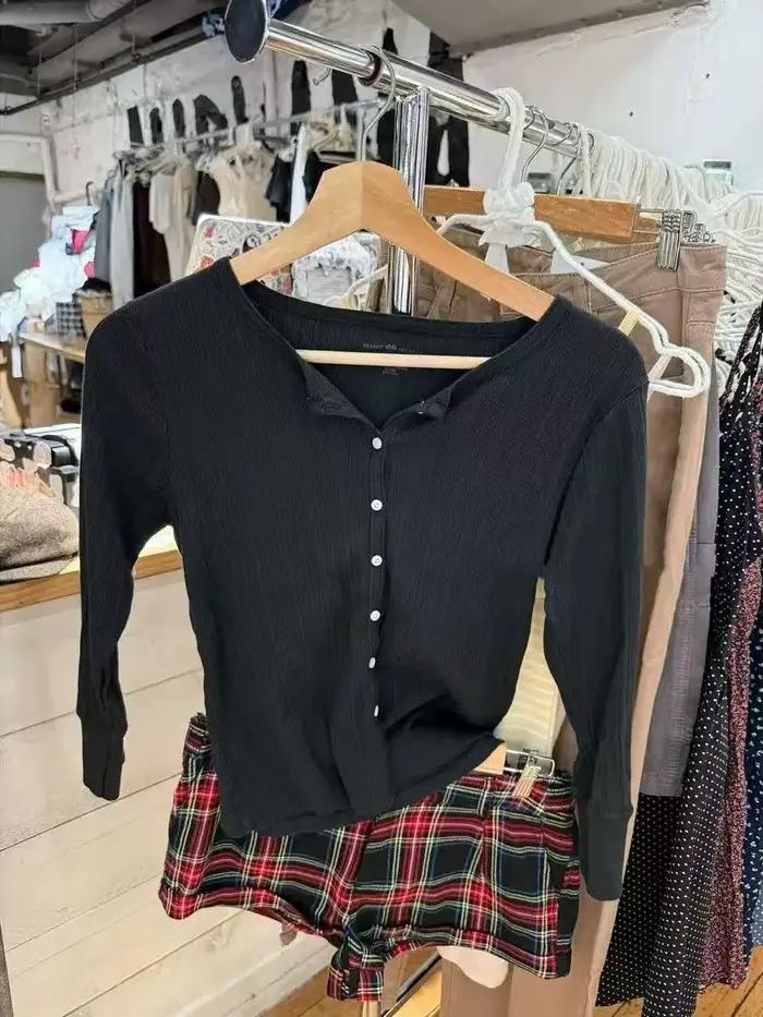 Oeillet noir bouton hauts Cardigan femmes nouveau coton Patchwork demi manches T-shirts femme Vintage Preppy Style