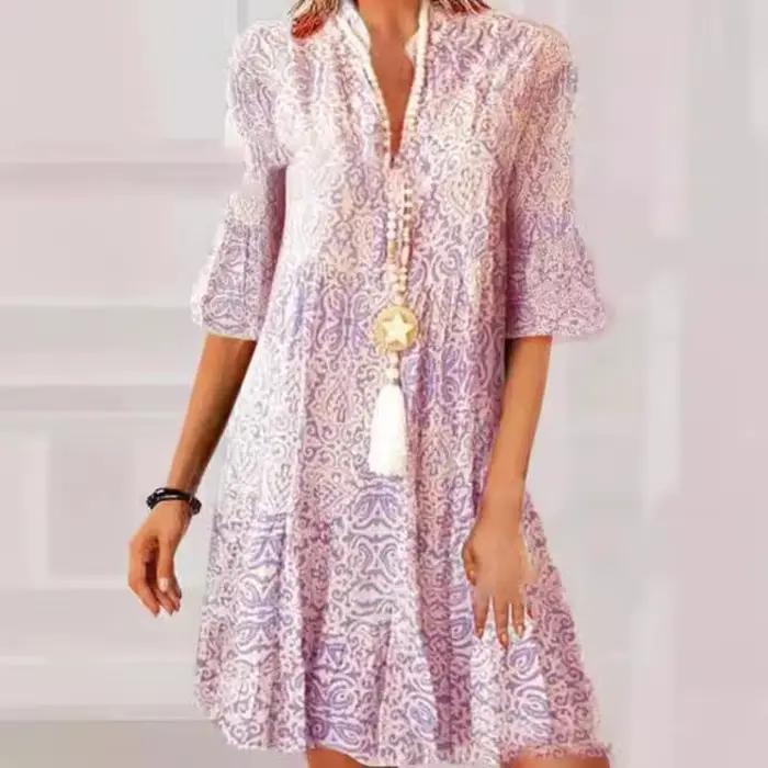 Mode Vintage imprimé femme pull robes 2025 printemps été col en V à manches courtes robe décontracté femmes lâche