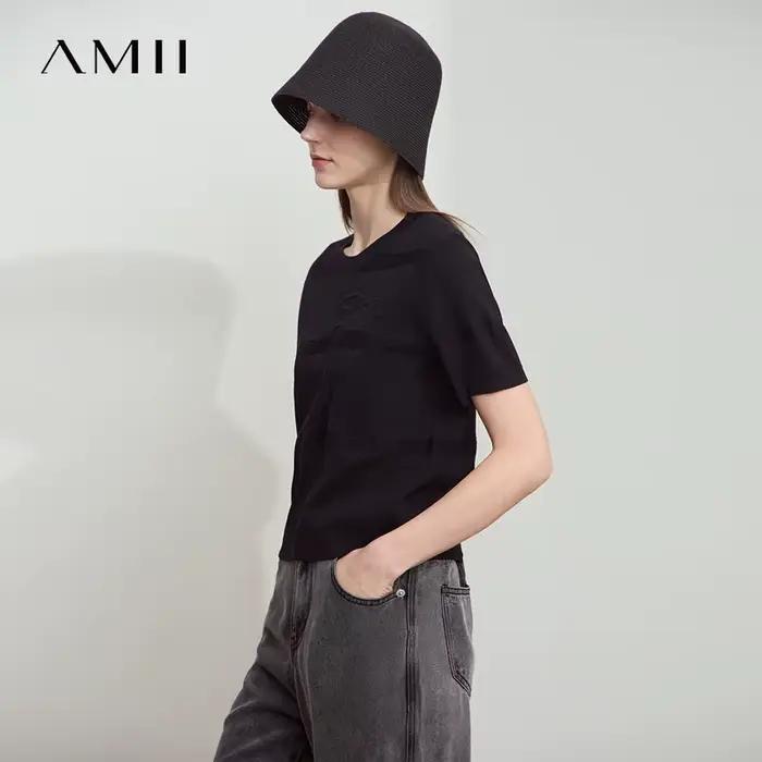 AMII minimaliste été chandails femmes 2025 imprimer col rond manches courtes pulls femme mode décontracté tricoté hauts 12522078