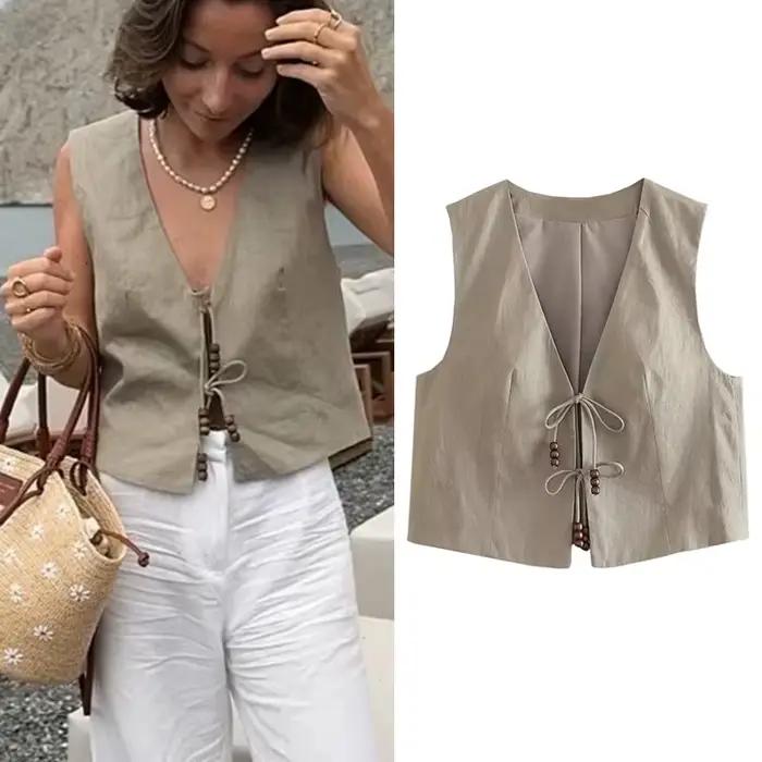MUJER perles gilet sans manches femme col en V noir recadrée