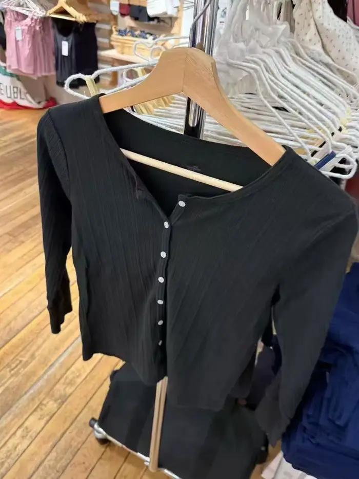 Oeillet noir bouton hauts Cardigan femmes nouveau coton Patchwork demi manches T-shirts femme Vintage Preppy Style