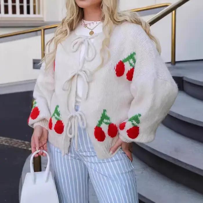 Veste Cardigan tricotée en Jacquard cerise pour femmes