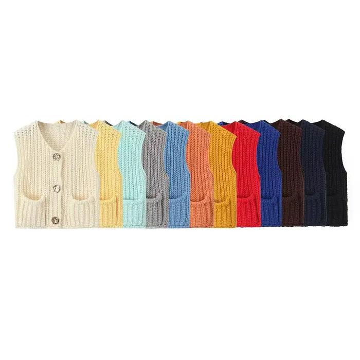 Gilet court tricoté 2026 – Nouvelle collection mode féminine transfrontalière 8014 – Couleur unie