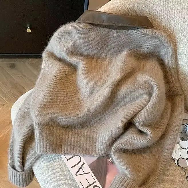 Patchwork fermeture éclair recadrée Chic Cardigan femmes épais automne tricoté pull Bomber veste Vintage années 2000 court ajusté manteau en tricot