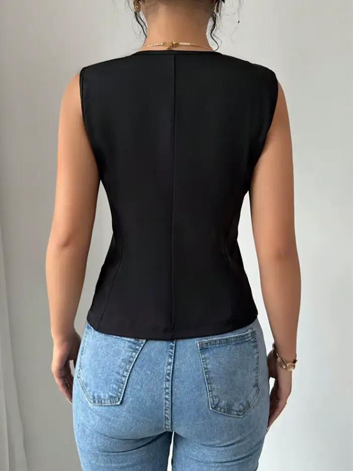 Gilet pour femme en polyester noir, col en V, boutons discrets, coupe ajustée et ourlet asymétrique pour bureau et occasions spéciales printemps-été