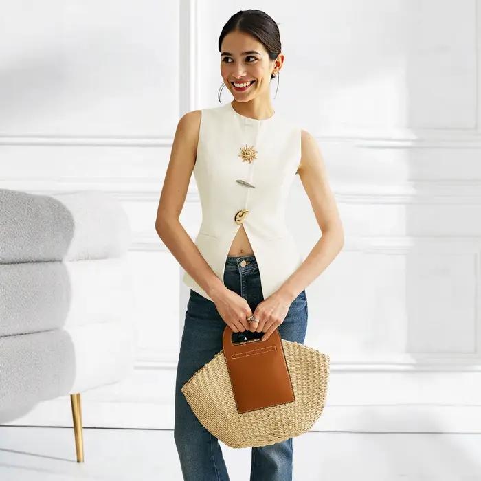Gilet boutonné doré sans manches pour femmes, streetwear élégant et confortable pour printemps et automne, idéal pour diverses occasions et cadeaux personnalisés