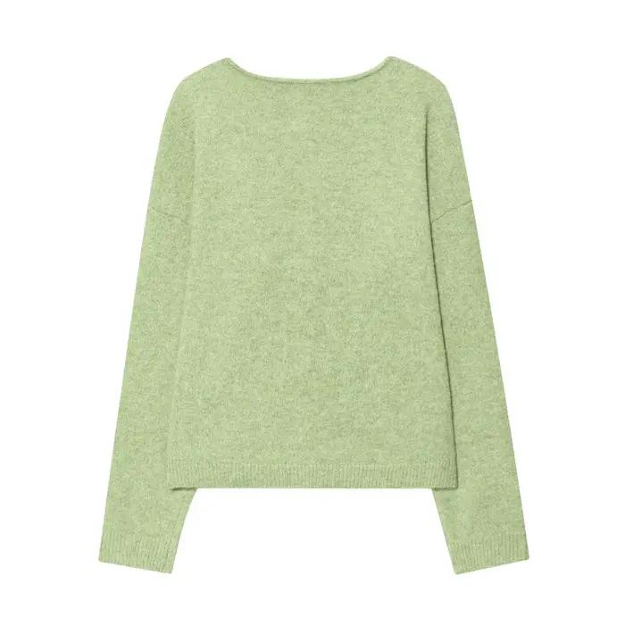 Vert clair tricoté Cardigan pull femmes encolure dégagée simple boutonnage