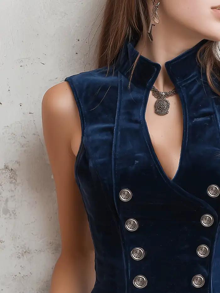 Gilet boutonné à col montant rétro pour femme, vêtement élégant et classique
