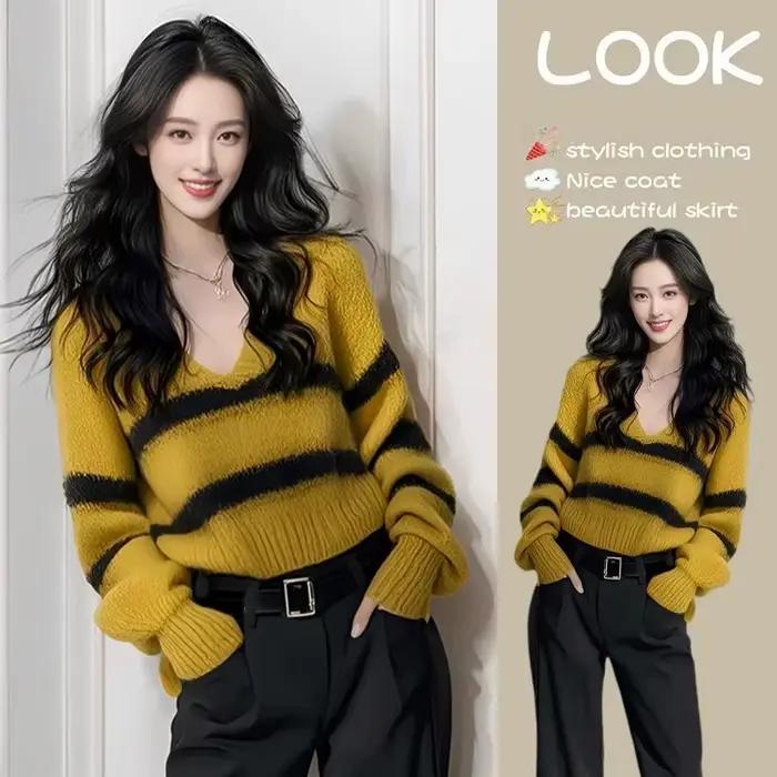 Printemps Base haut jaune rayé pull
