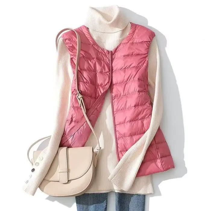 2025 automne/hiver nouveau gilet léger pour femme col rond court chaud duvet de canard Portable débardeur grand M-8XL