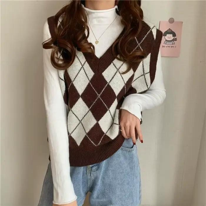 Pull à carreaux vintage pour femmes