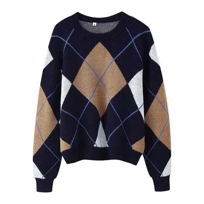 Pull décontracté à col rond bleu foncé à motif losanges
