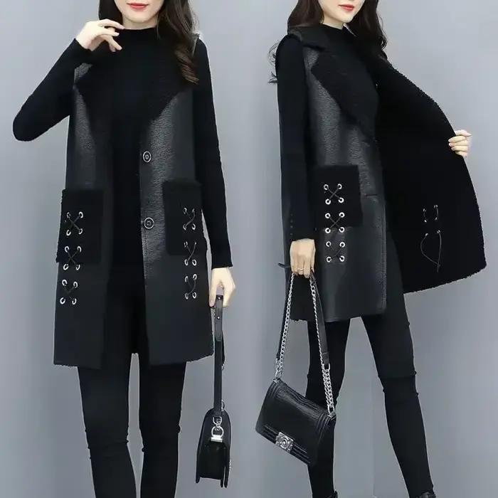 Gilet d'hiver en laine et cuir pour femme
