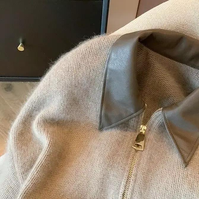 Patchwork fermeture éclair recadrée Chic Cardigan femmes épais automne tricoté pull Bomber veste Vintage années 2000 court ajusté manteau en tricot