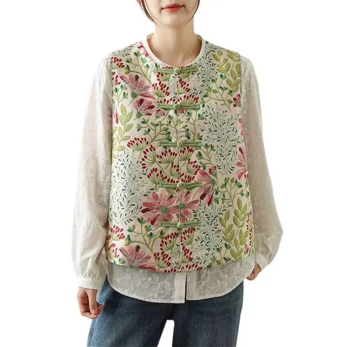Gilet ample brodé floral style décontracté vintage pour femmes grandes tailles confortable occassions spéciales et quotidiennes