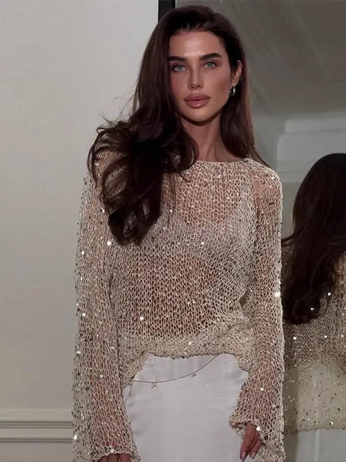 Chemisier tricoté à paillettes et col rond pour femme