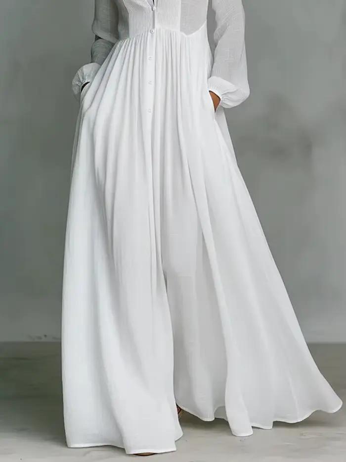 Robe de soirée élégante à col montant et manches longues, Nouvelles robes décontractées unies pour femmes Printemps 2026, Robes à poches pour femmes à simple boutonnage