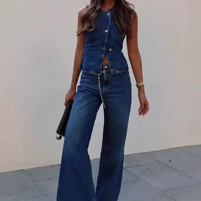 Gilet sans manches, pantalon à jambes larges