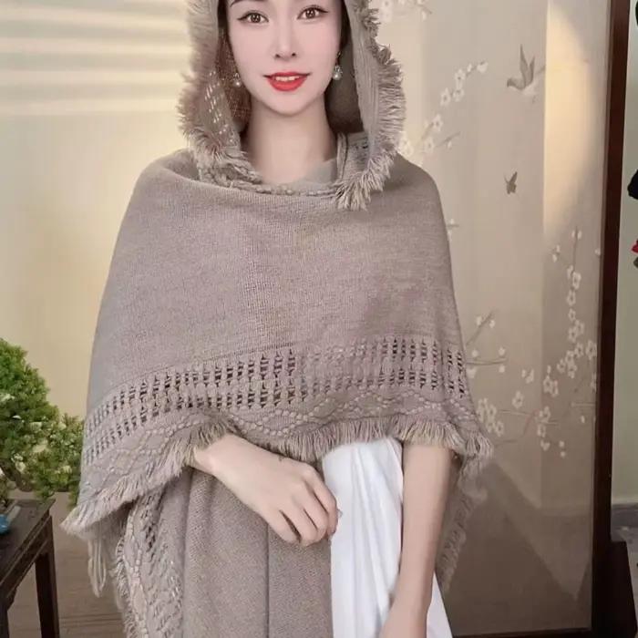 Châle-couverture chaud en tricot à pompons pour femme