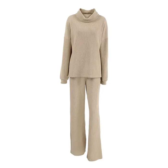 Ensemble de chandail en tricot à col haut kaki pour femmes
