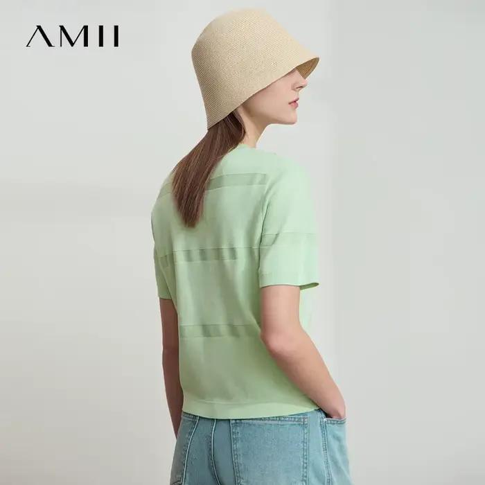 AMII minimaliste été chandails femmes 2025 imprimer col rond manches courtes pulls femme mode décontracté tricoté hauts 12522078