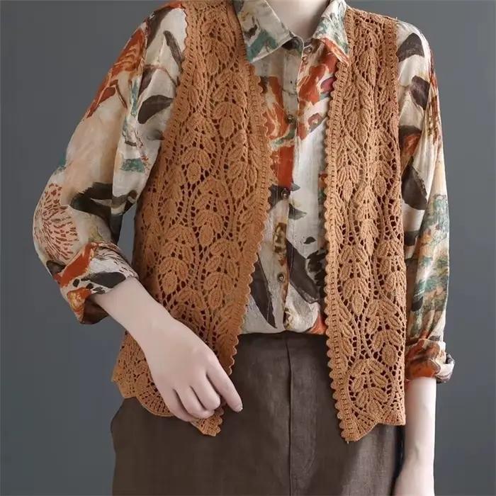 Cardigan évidé en tricot au crochet pour femmes