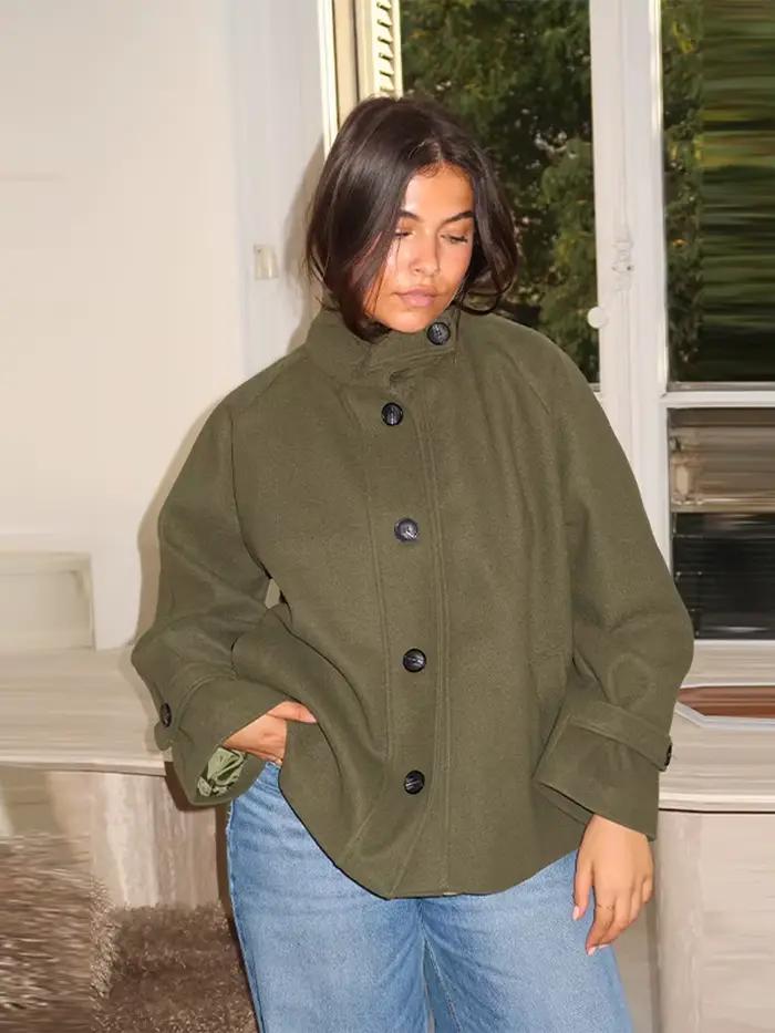 Col montant laine pardessus femmes élégant à manches longues simple boutonnage ample début du printemps Bomber manteau vestes nouvelle dame vêtements d'extérieur