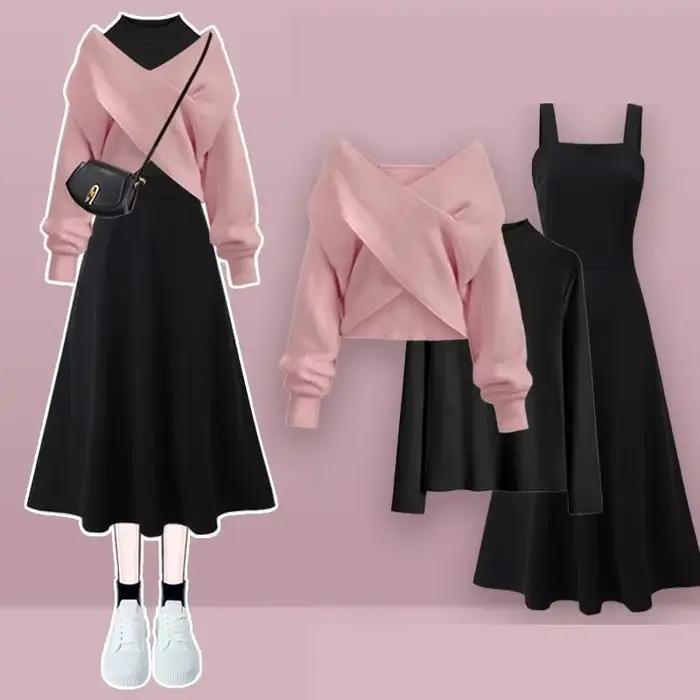 Femmes printemps automne nouveau Vintage tricot pull + chemise + sangle robe Midi 3 pièces costume 2025 coréen élégant