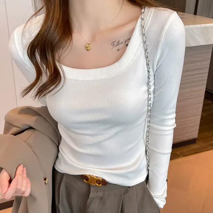 Col carré printemps automne hiver chemise à bascule qui peut être portée à l'extérieur à l'intérieur comme un haut T-shirt femme mince manches longues
