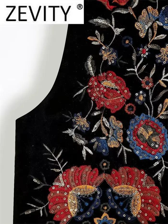 Zevity femmes Vintage paillettes fleur broderie gilet veste dames rétro style national patchwork décontracté velours