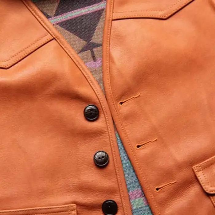 Gilet en cuir Orange Spring pour homme, style rétro, grande taille 5XL, en cuir de vachette véritable, coupe ajustée, court, simple boutonnage, avec empiècements