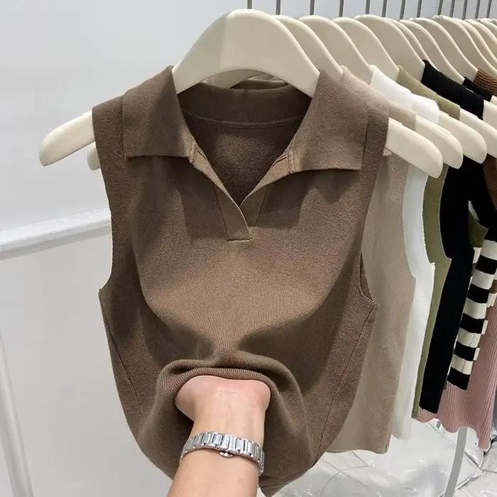Gilet tricoté sans manches à col Polo pour femme
