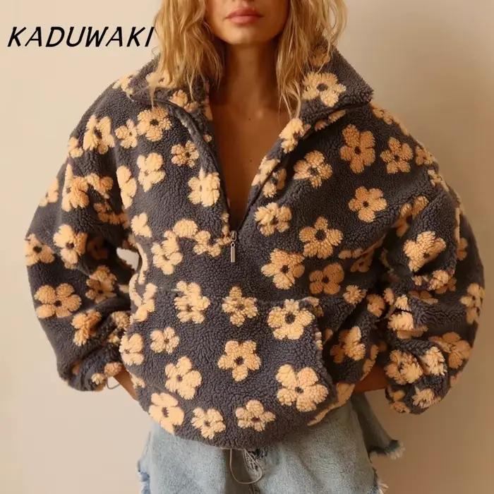 KADUWAKI rétro noël femmes mode polaire fleur fleurs chandails coton ample chaud fourrure col montant fermeture éclair hauts