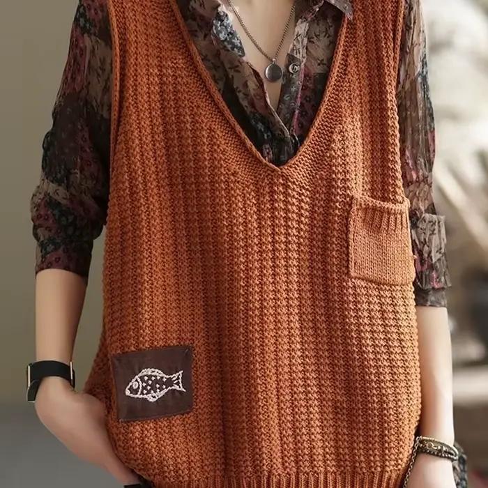 Pull Vintage à Col en V pour Femme