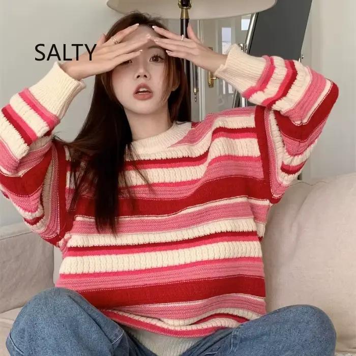 2025 japonais coloré rayé tricot pull femmes printemps et automne nouveau Style ample