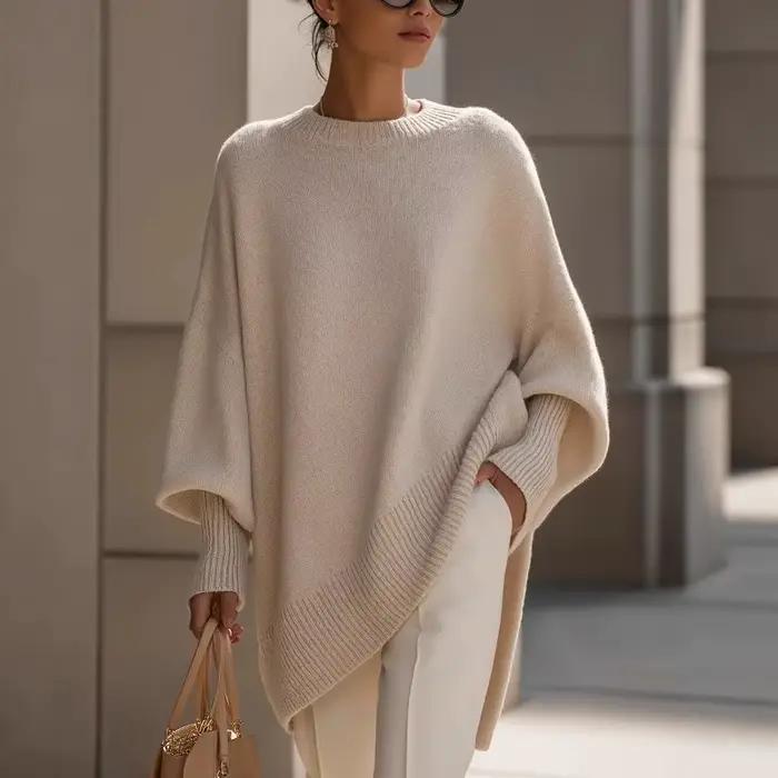 Pull en tricot beige surdimensionné pour femme, manches chauve-souris, ourlet asymétrique, coupe décontractée ample, pour un usage quotidien