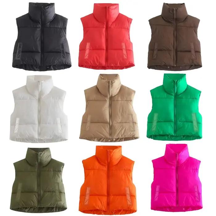 Gilet court chaud pour femme, col montant, sans manches, léger, vêtements d'extérieur à la mode, automne et hiver