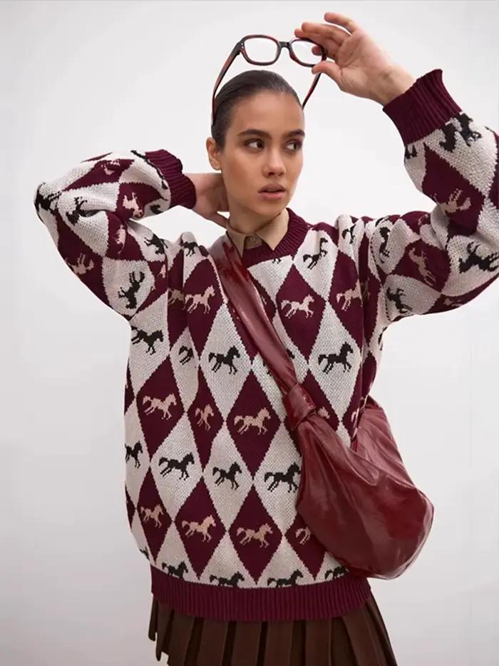 Tricoté imprimé pull femmes à manches longues col rond contraste couleur Patchwork