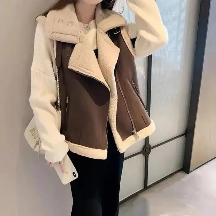 Gilet Femme Agneau Peluche Épais Coréen Élégant Pour Occasions Spéciales Automne Hiver Doux Élégant Mode