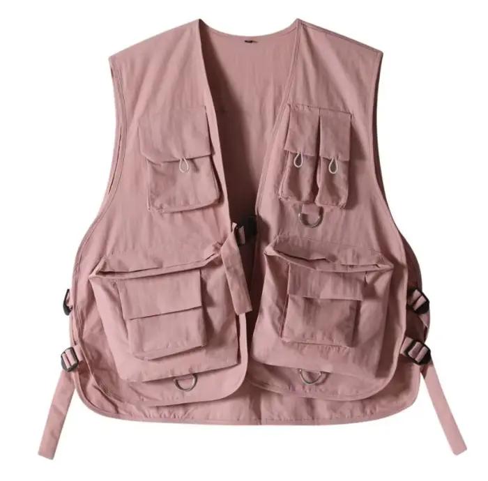 Gilet tactique rose pour femmes, vêtements de travail multi-poches, haut tendance décontracté, coupe ample, streetwear d'automne pour l'extérieur