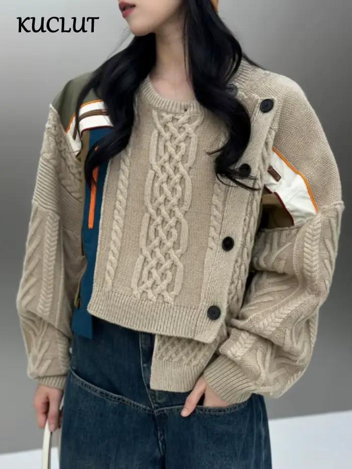 KUCLUT 2025 automne nouvelle mode Patchwork pull pour femmes ample simple boutonnage conception mi-longue tricoté hauts femme 1A527